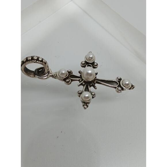 Vintage Sterling Silver Cross Pendant Necklace Enhancer Faux Pearl Designer - Picture 3 of 9